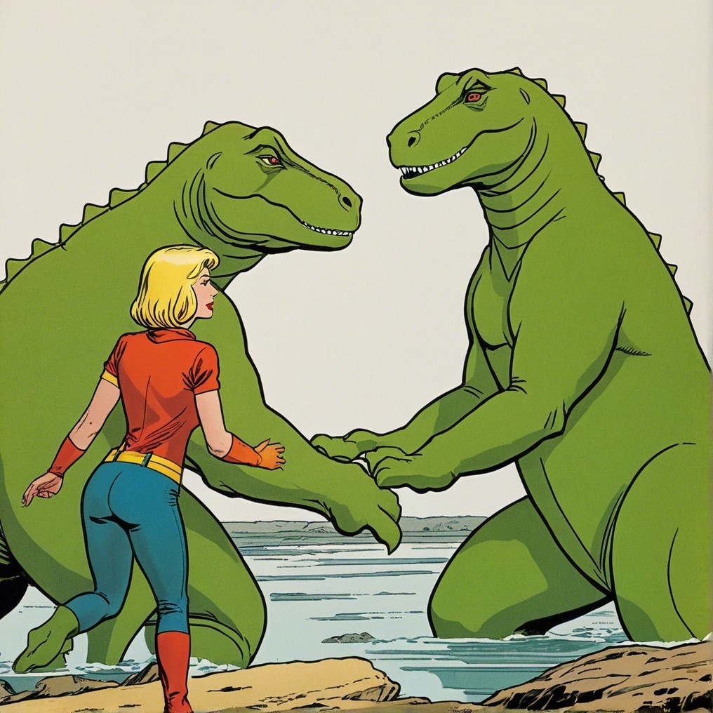 Colorful Comic Illustration of Woman and Dinosaurs