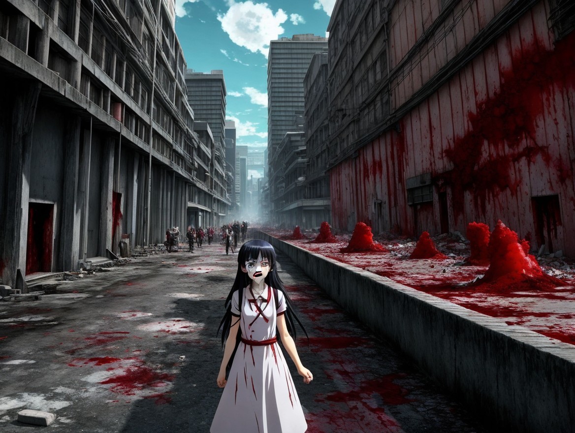 Young girl in white dress on blood-soaked street