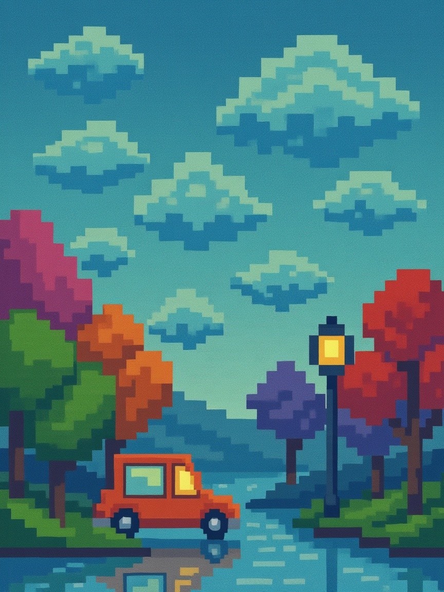 Vibrant Pixel Art of a Serene Evening Landscape