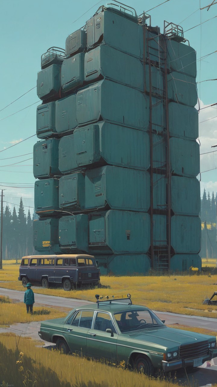 Teal Container Building Under Blue Sky with Vehicles