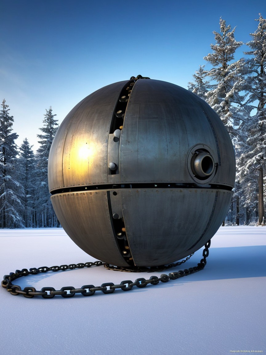 Metallic Sphere in Snowy Landscape with Frosted Trees
