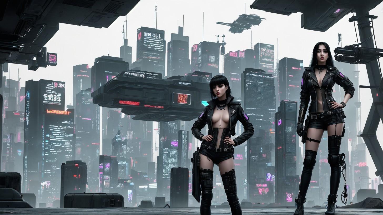 Cybernetically Enhanced Women in Futuristic Cityscape