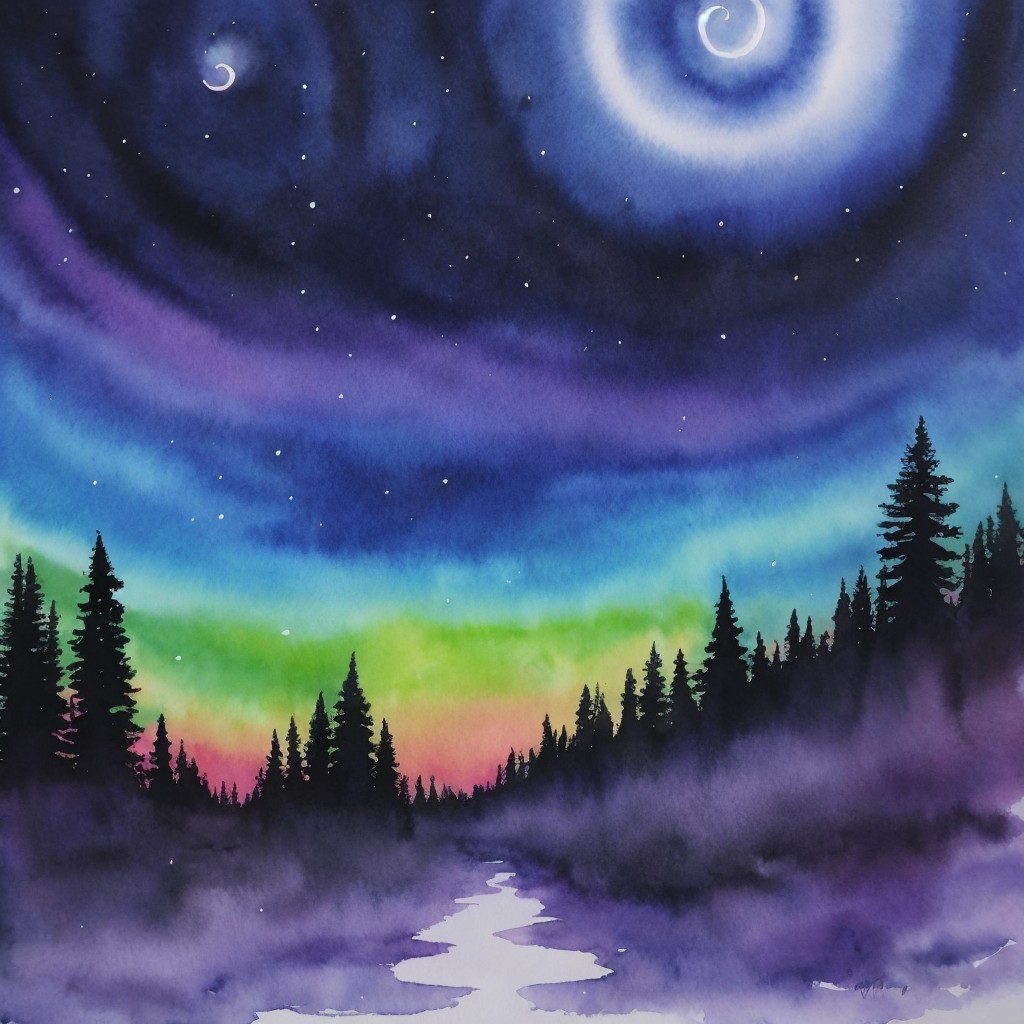 Watercolor Painting of Starry Night and Aurora Borealis