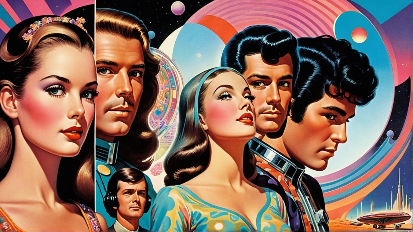 Retro-Futuristic Illustration of Glamorous Figures in Space