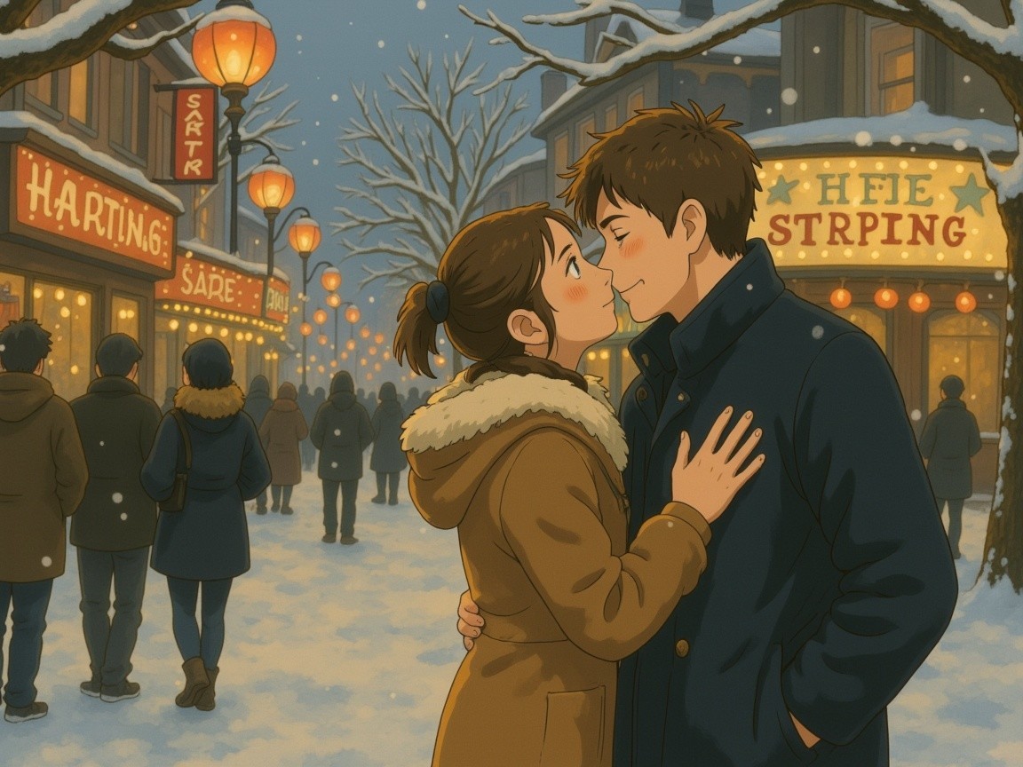 Romantic Winter Scene with Lanterns and Festivities