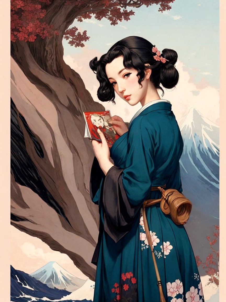 Young Woman in Blue Kimono Amid Cherry Blossoms