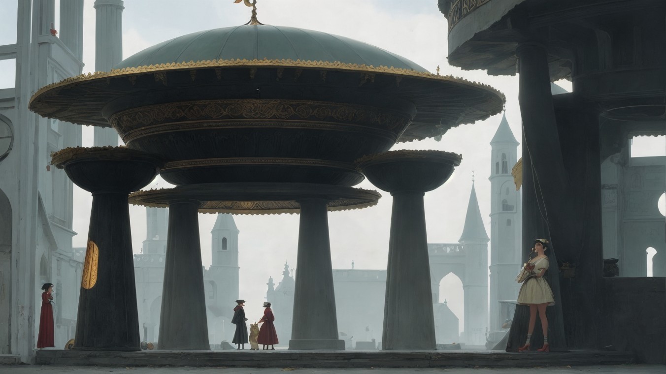 Surreal Architectural Landscape with Elegant Figures