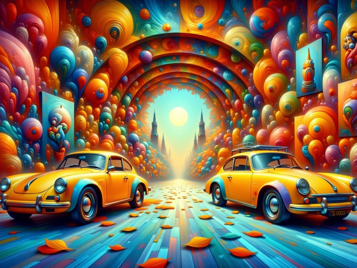 Vintage Yellow Cars Under Colorful Archway and Landscape