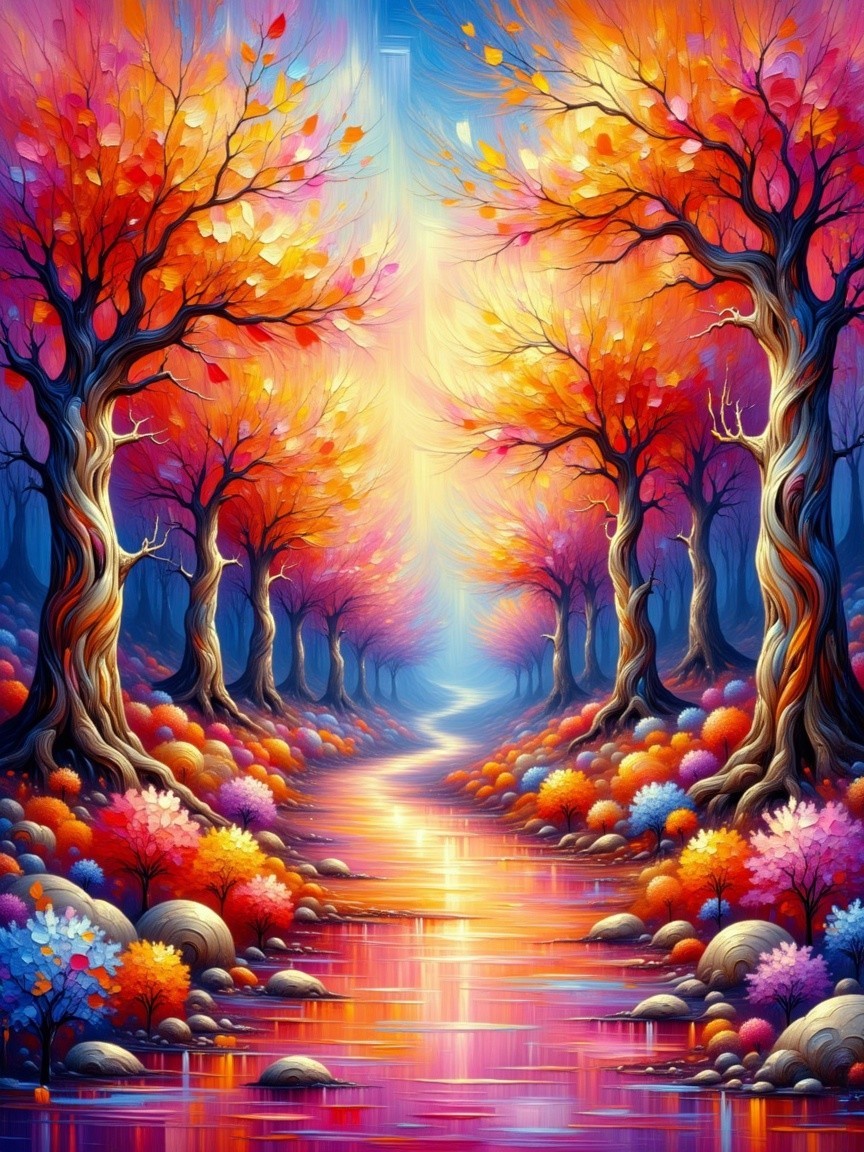 Vibrant Autumn Landscape with Winding River and Trees