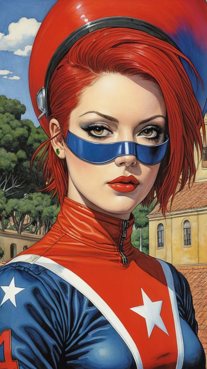 Superheroine with Red Hair and Bold Costume Design
