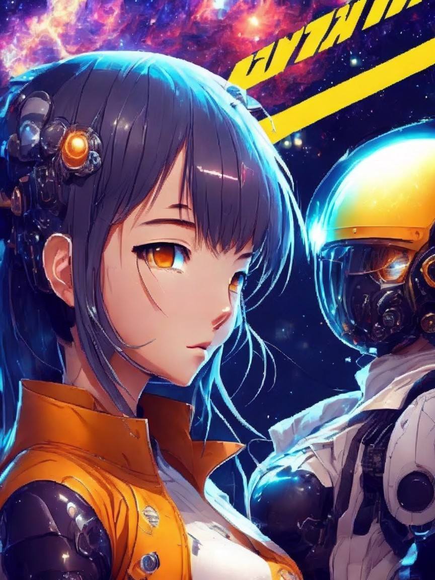 Futuristic Scene with Blue-Haired Girl and Robot