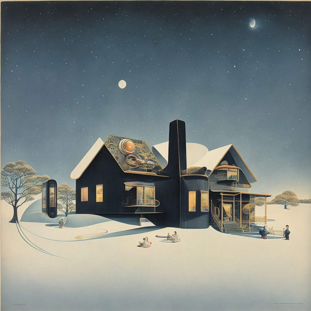 Black House in Snowy Landscape Under Starry Sky