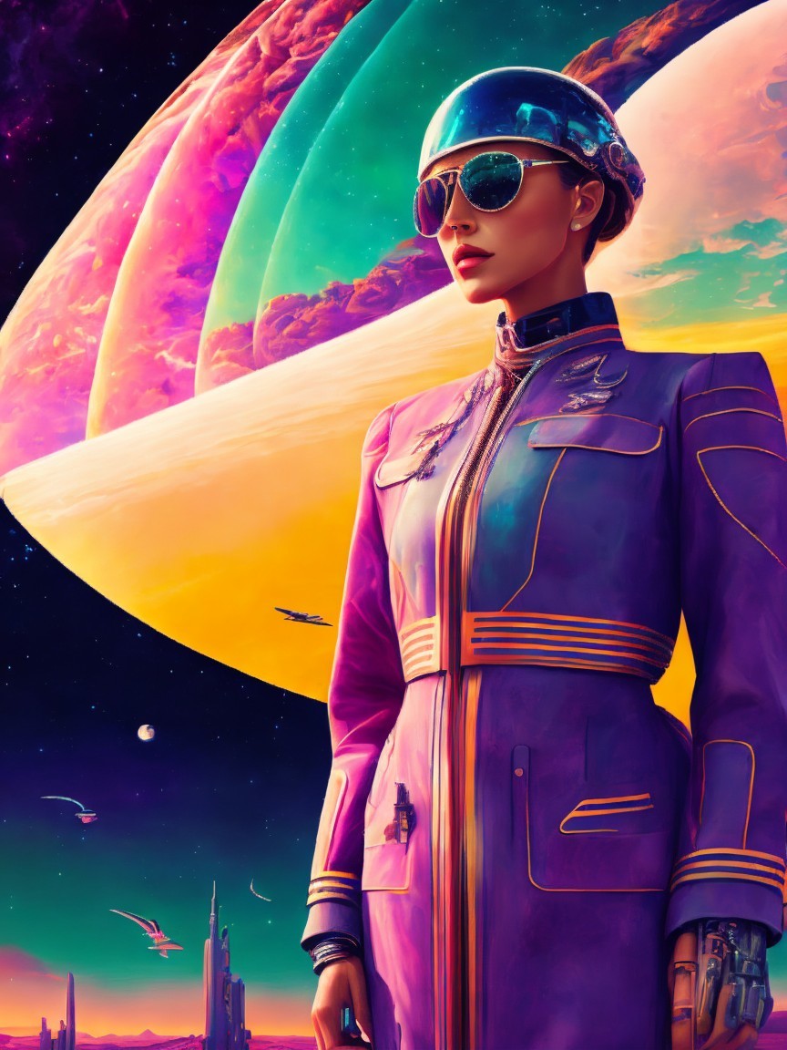 Futuristic Figure in Cosmic Landscape with Spaceships