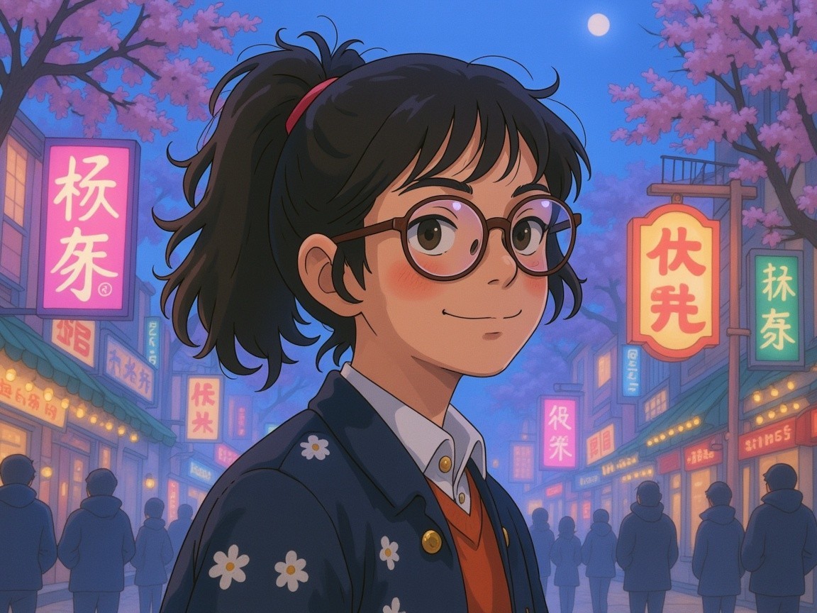 Cheerful girl in vibrant night market setting