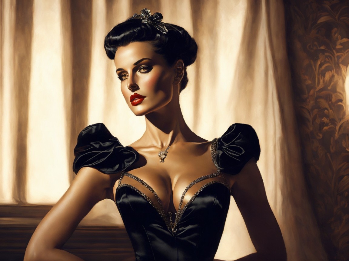 Glamorous Woman in Elegant Black Gown and Vintage Hair