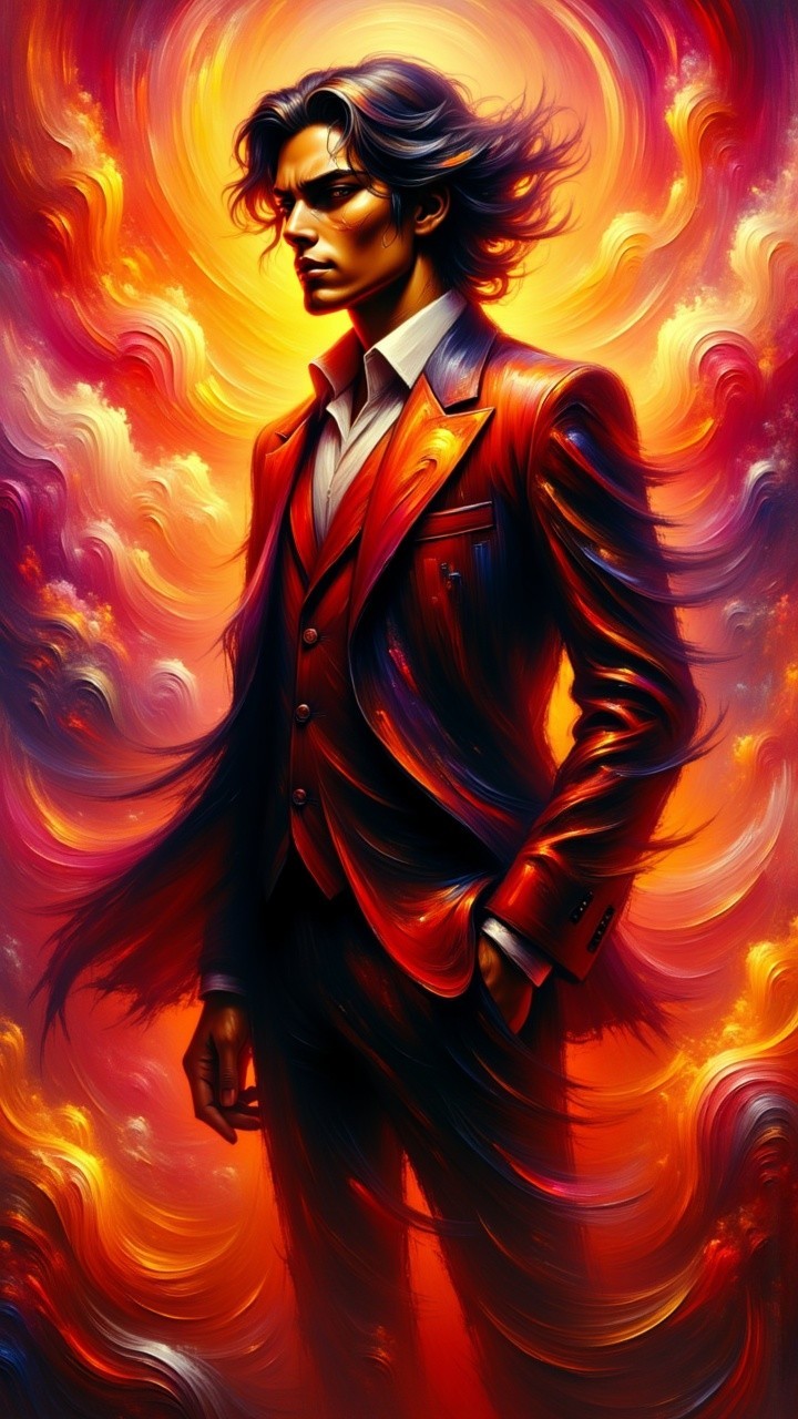 Confident Figure in Red Suit Against Vibrant Background