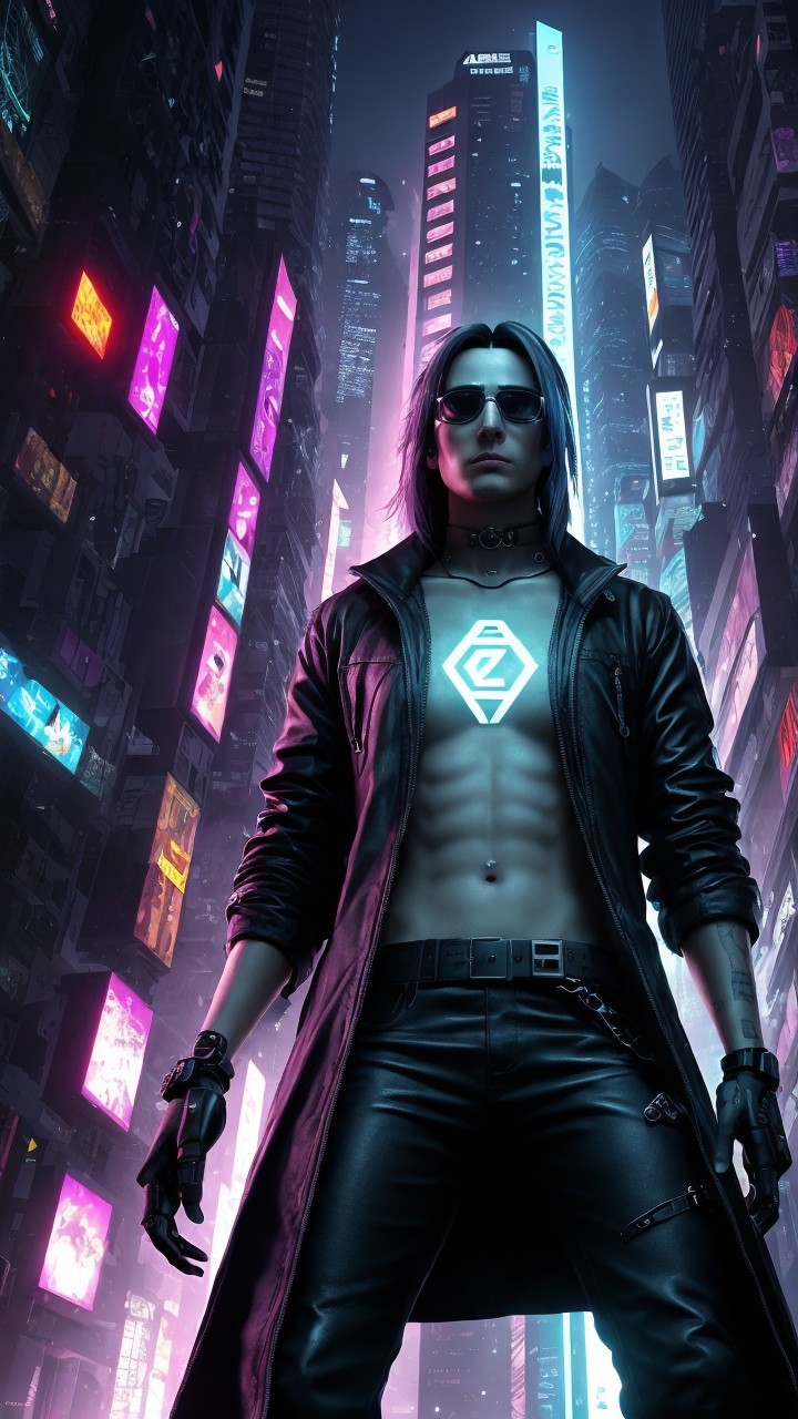Futuristic Figure in Neon-Lit Urban Landscape