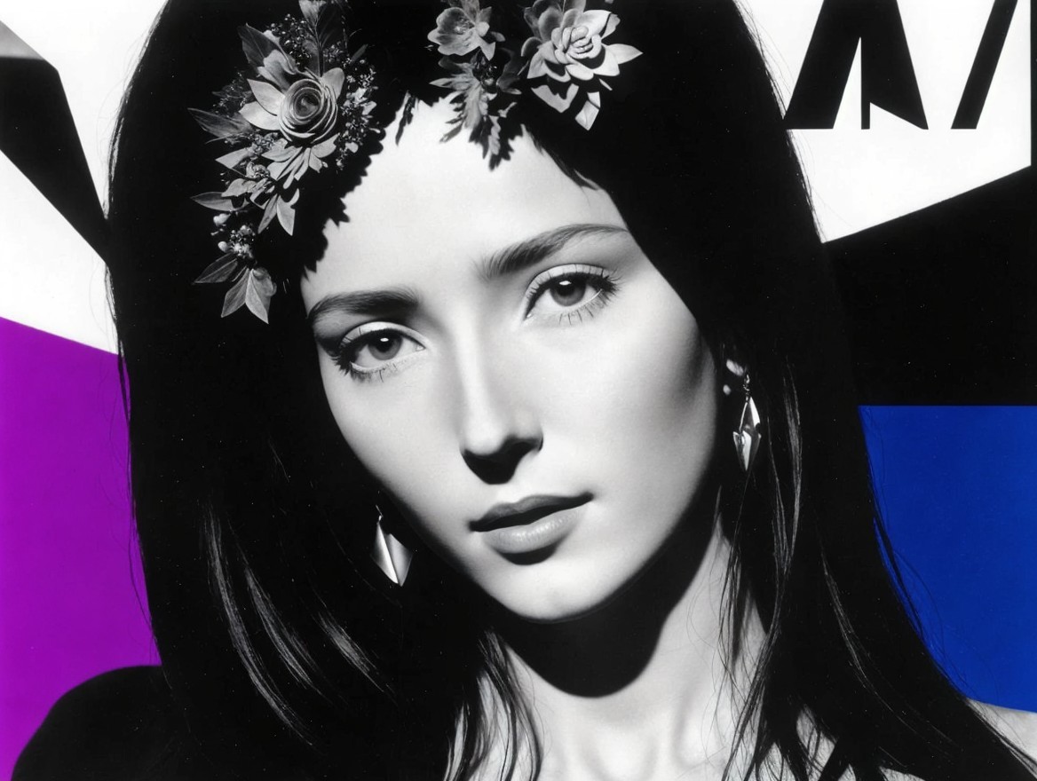 Black and White Portrait of a Woman with Floral Accents
