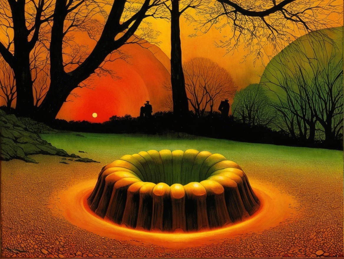 Vibrant Sunset Over Surreal Landscape with Figures