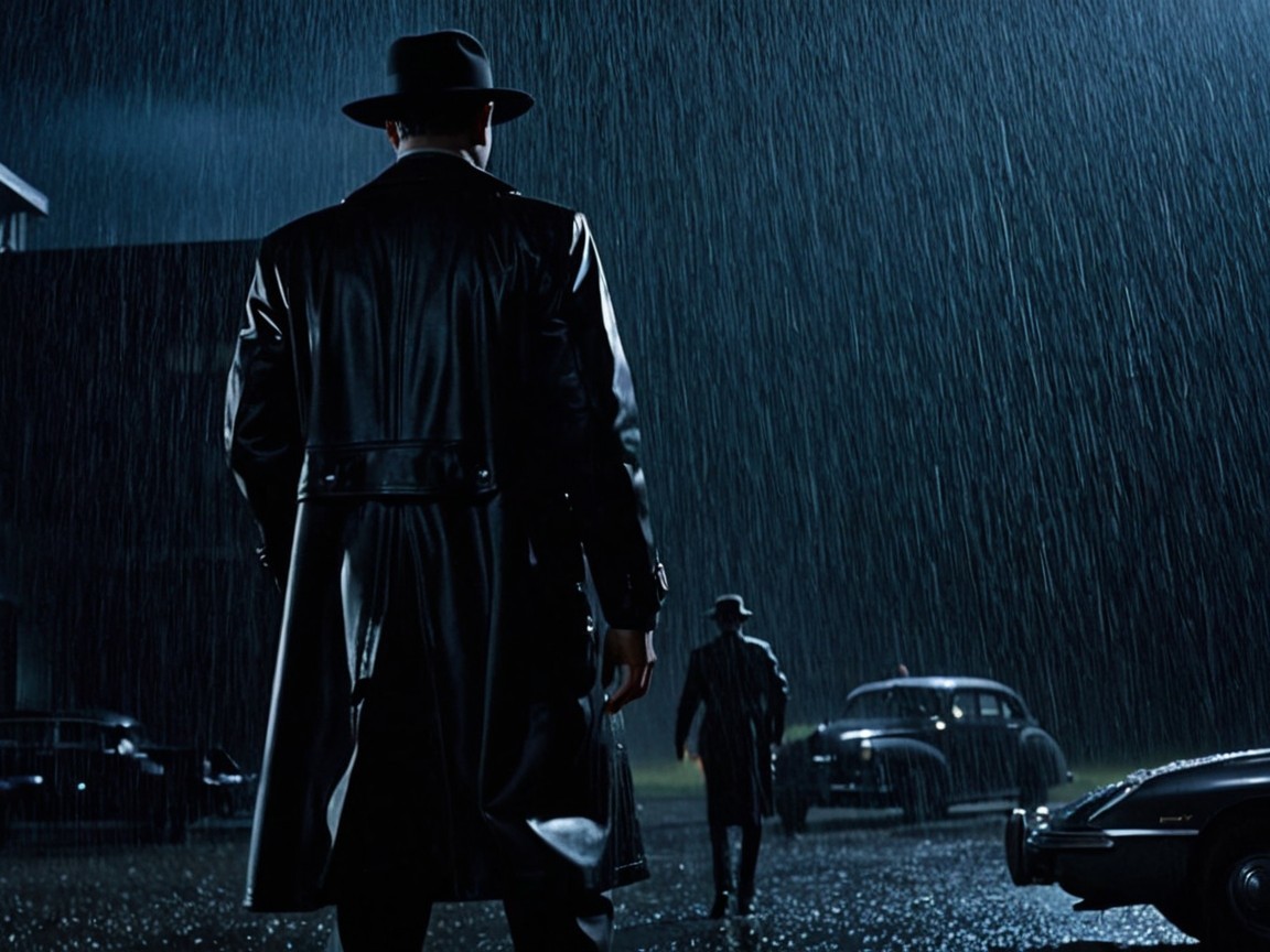 Rainy Urban Noir Scene with Silhouetted Figures