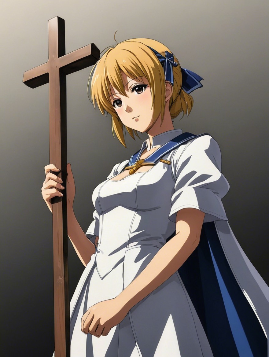 Blonde Girl in White Dress Holding Wooden Cross