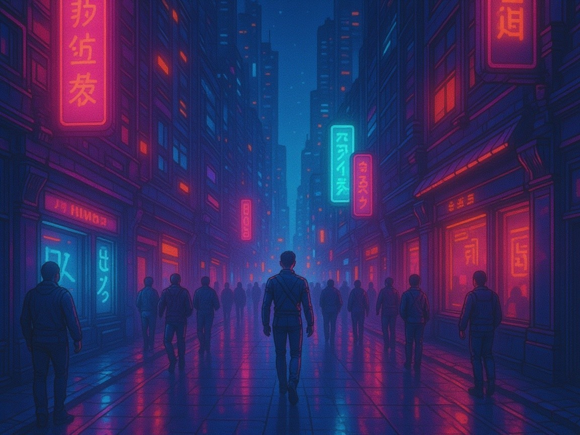 Futuristic city street with neon lights and shadows