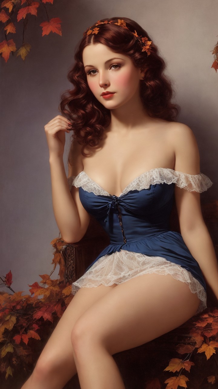 Young woman in vintage outfit with autumn backdrop