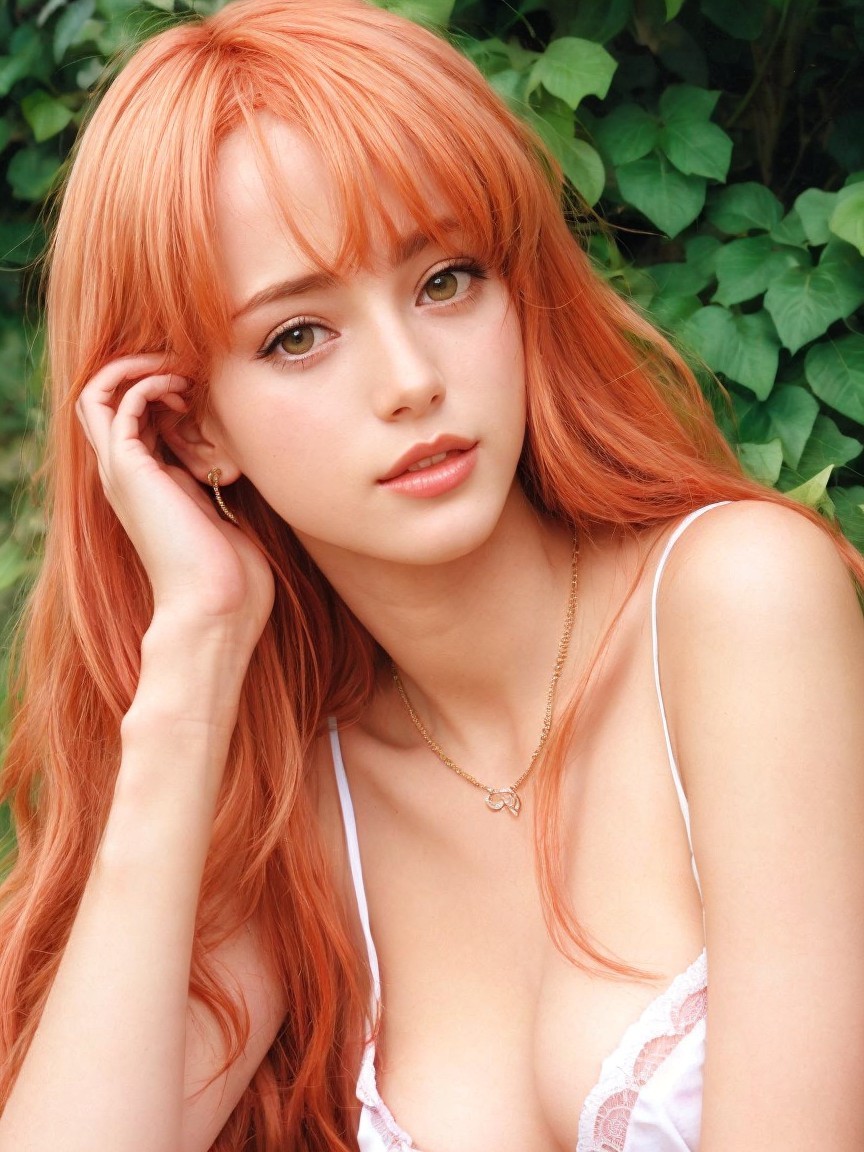 Young woman with orange hair in serene outdoor setting