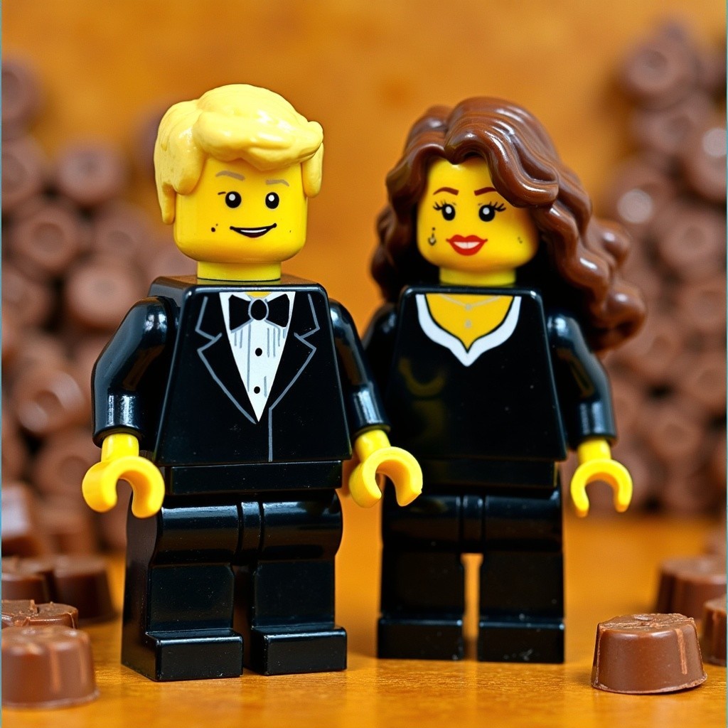 LEGO Minifigures in Formal Attire with Candy Backdrop