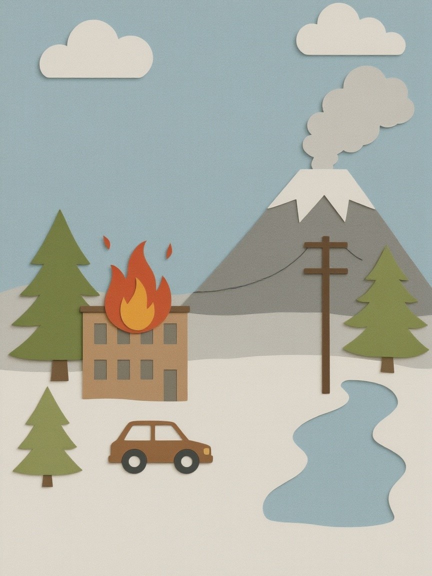 Whimsical Paper-Cut Landscape with Fire and Volcano