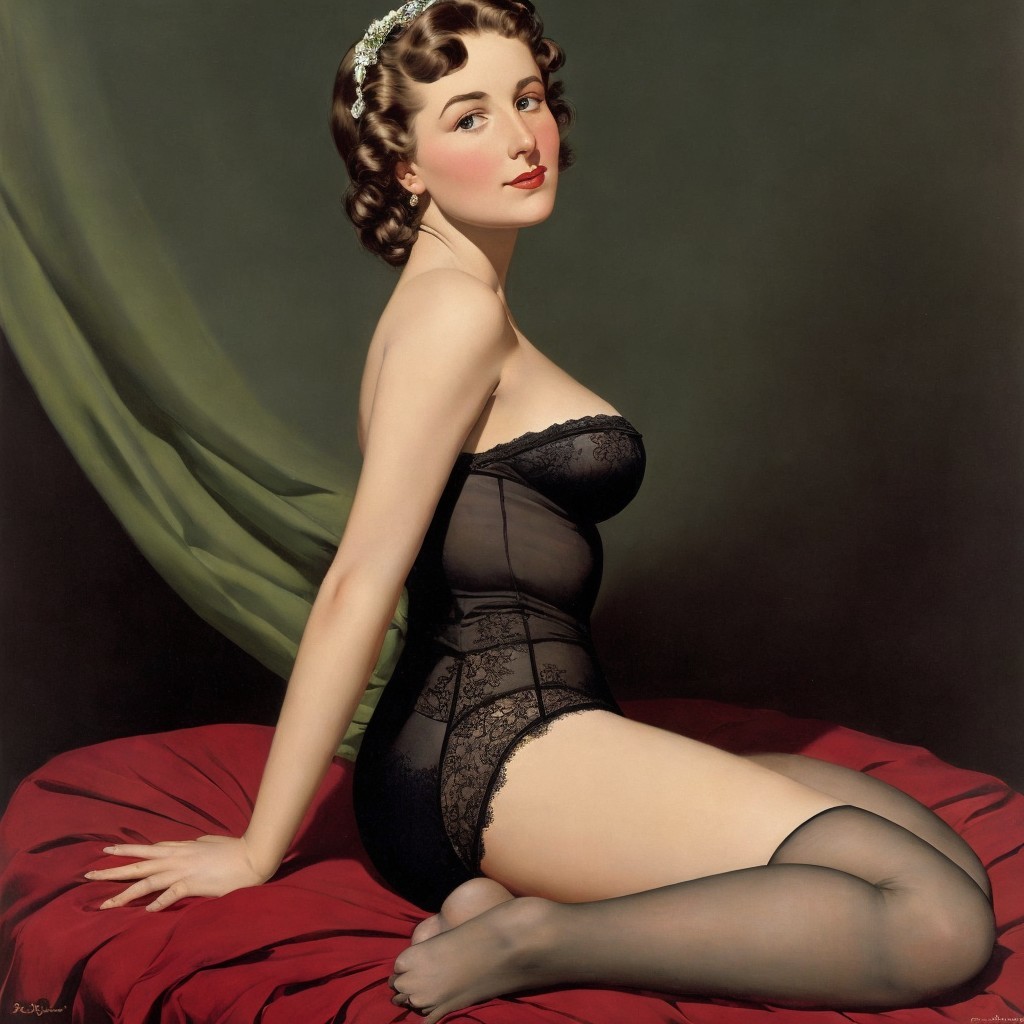 Glamorous Woman in Black Lingerie on Red Velvet