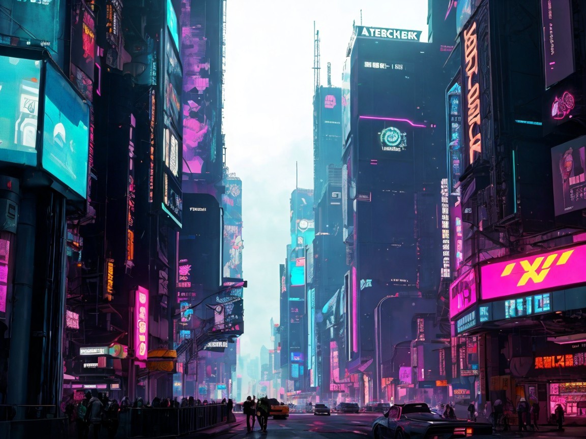 Futuristic cityscape with neon lights and activity