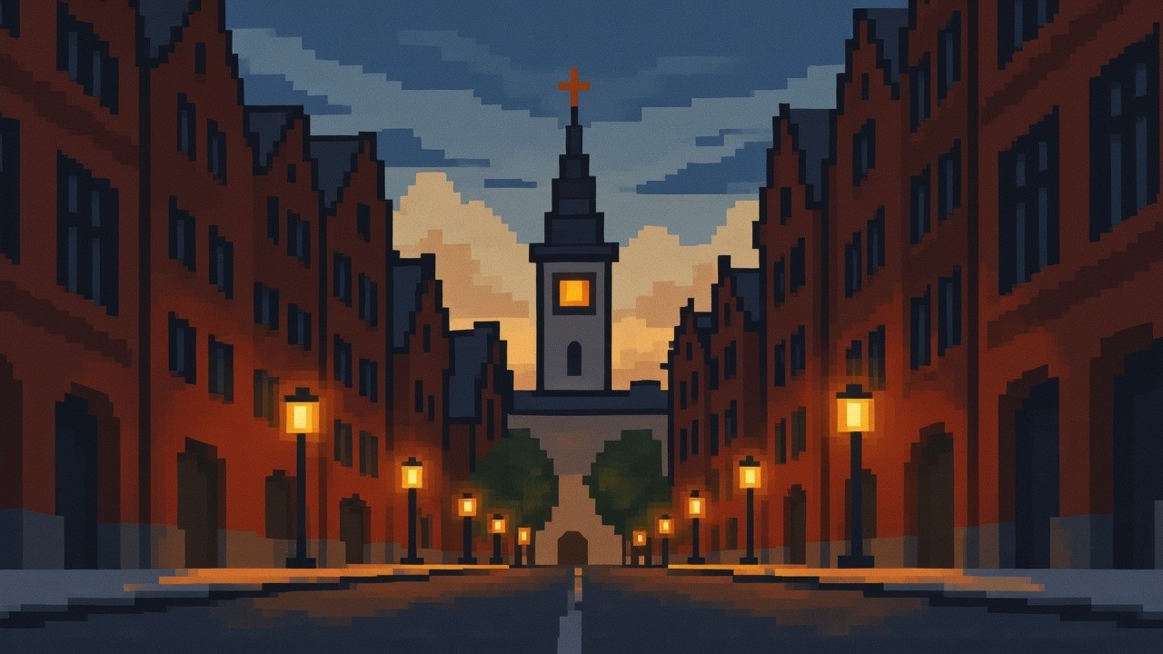 Pixel Art Scene of a Dusk Street with Brick Buildings