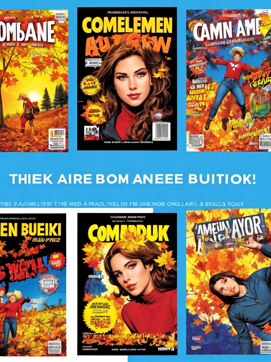 Vibrant Comic Book Covers Amid Autumn Leaves