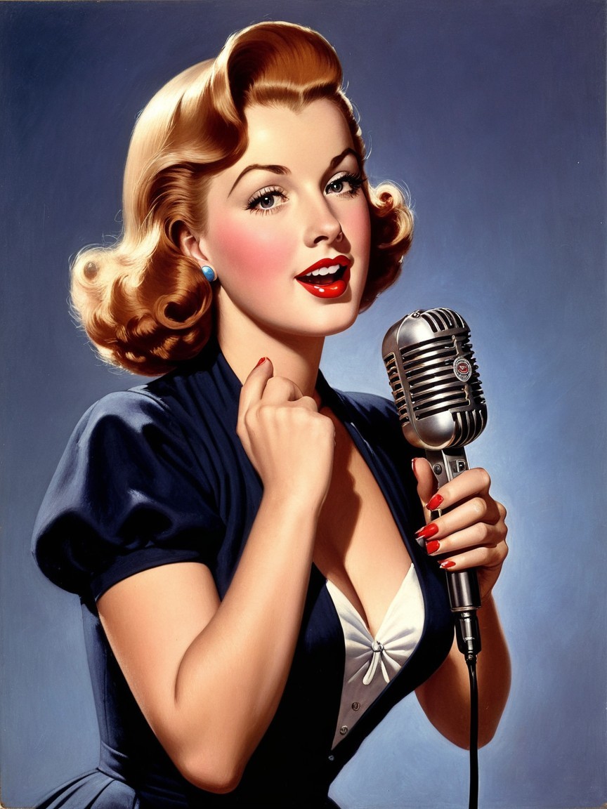 Vintage Illustration of Woman Singing with Microphone