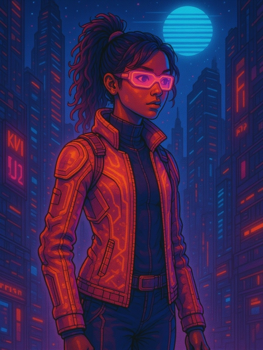 Young Woman in Futuristic Neon Cityscape at Night