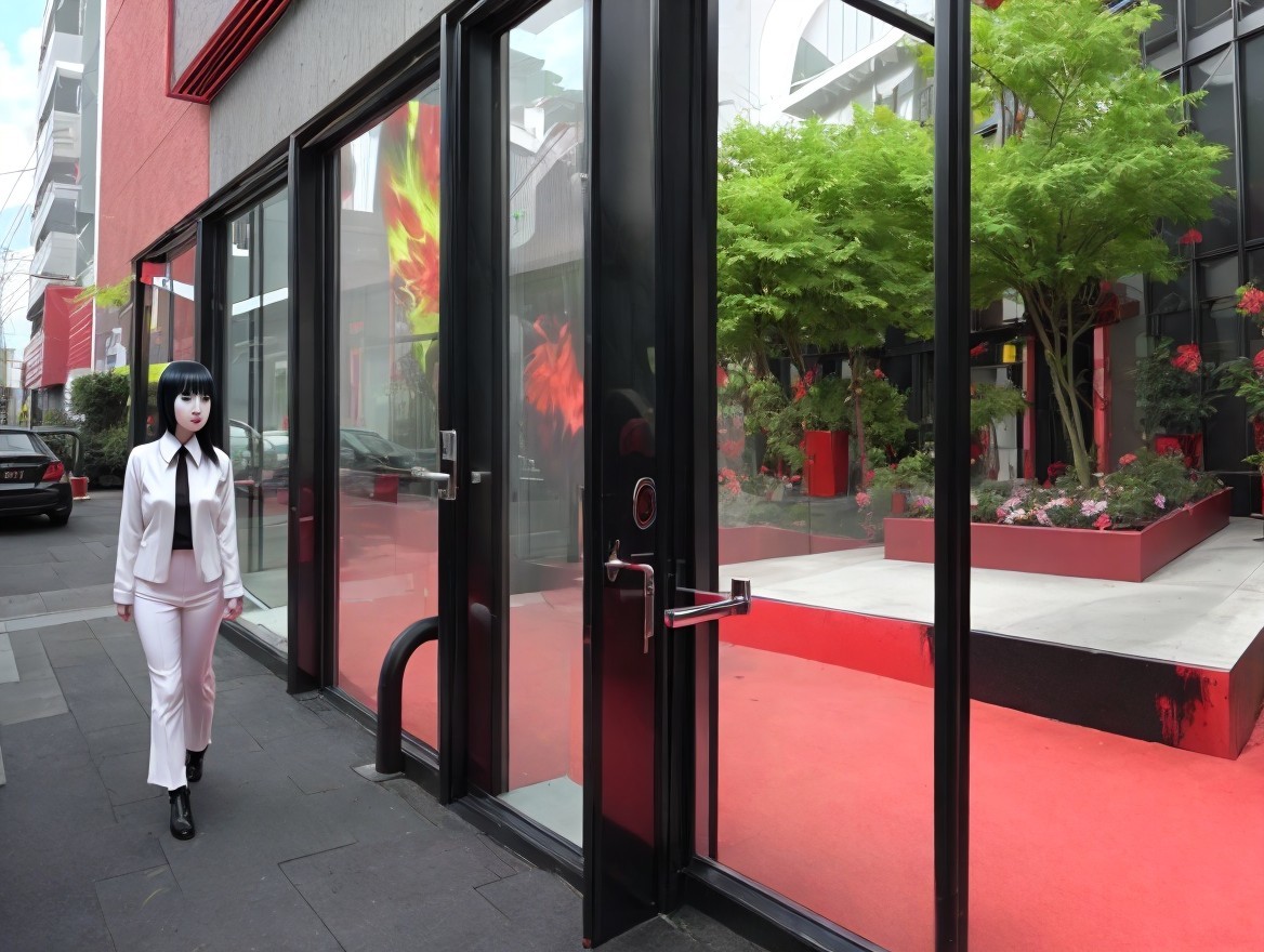 Modern Urban Scene with Glass Storefront and Greenery