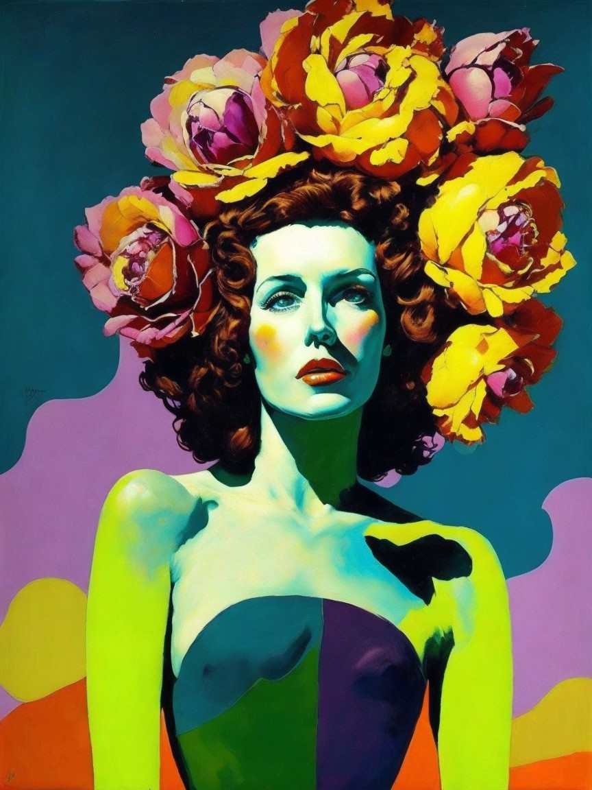 Portrait of a Woman with Green Skin and Flowers