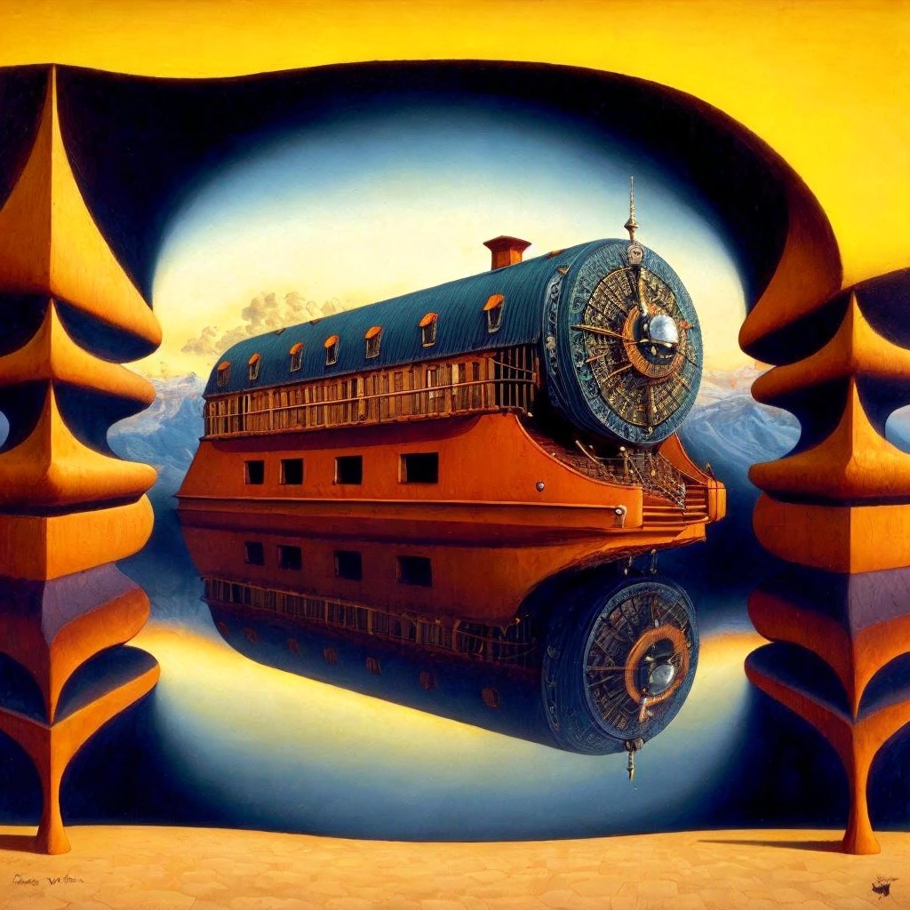 Surreal Landscape with Steampunk-Inspired Structure