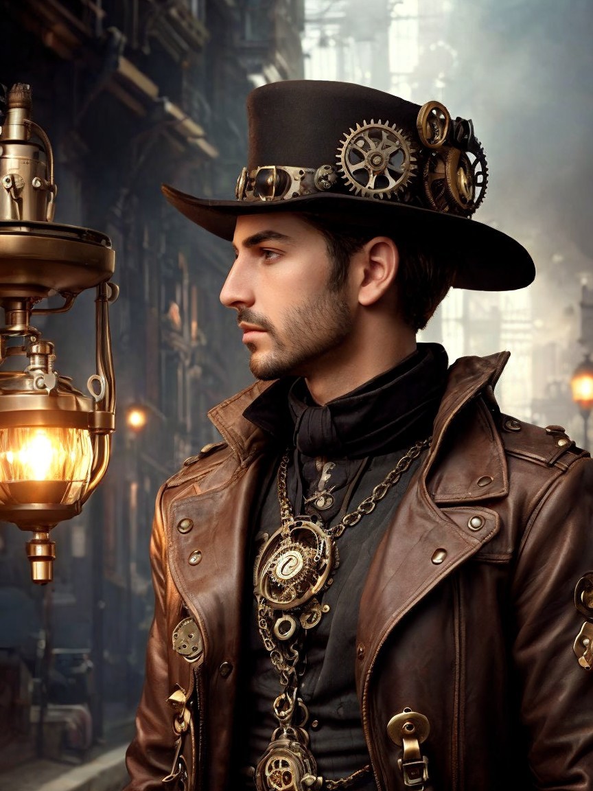 Steampunk Figure in Foggy Industrial Setting