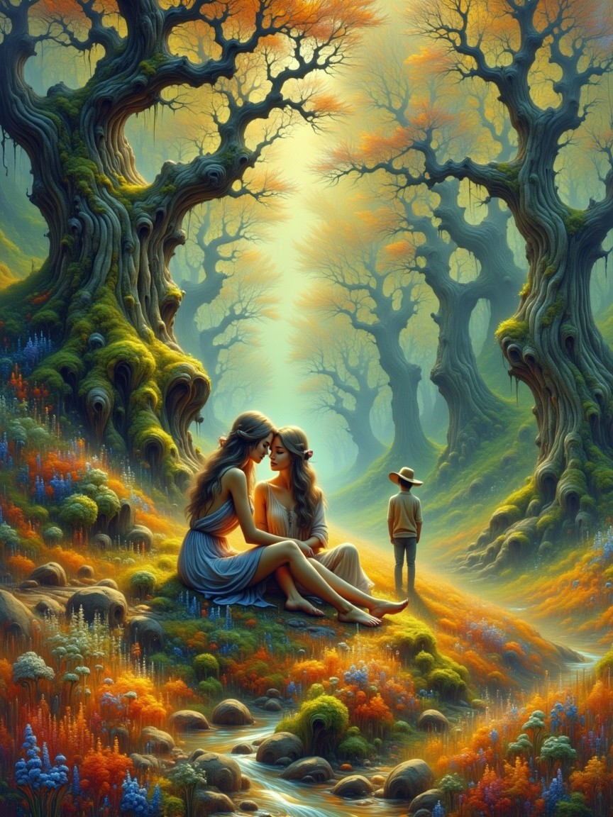 Mystical forest scene with two women in autumn hues