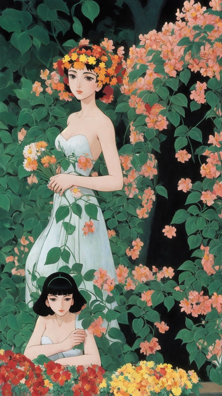 Women in Floral Setting with Lush Greenery