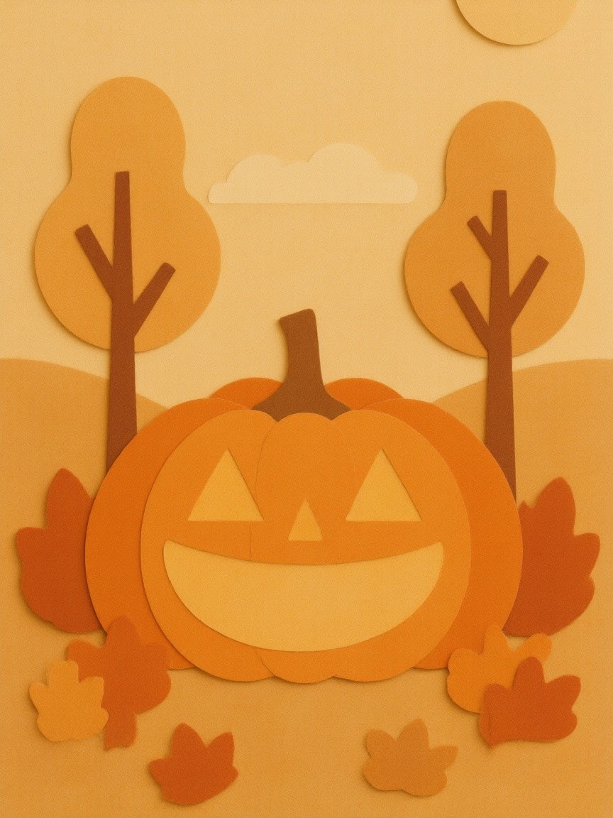 Cheerful Paper Collage of Pumpkin and Autumn Leaves