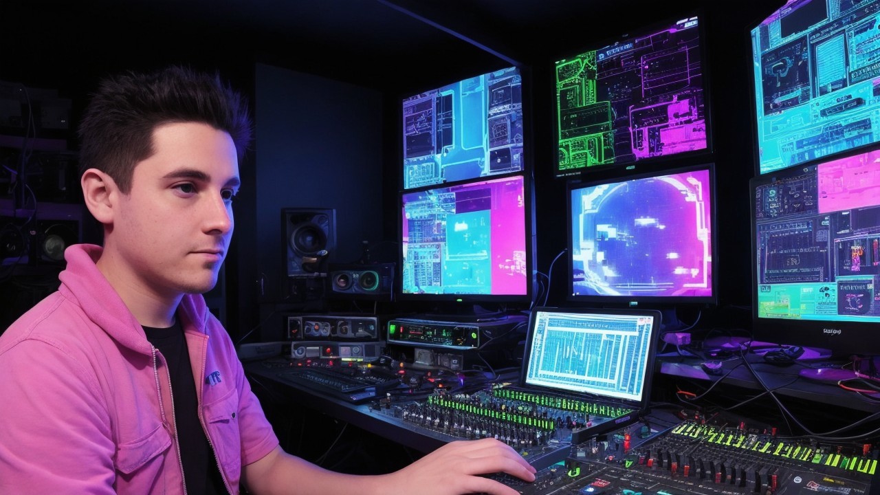 Young man at high-tech workstation with colorful screens