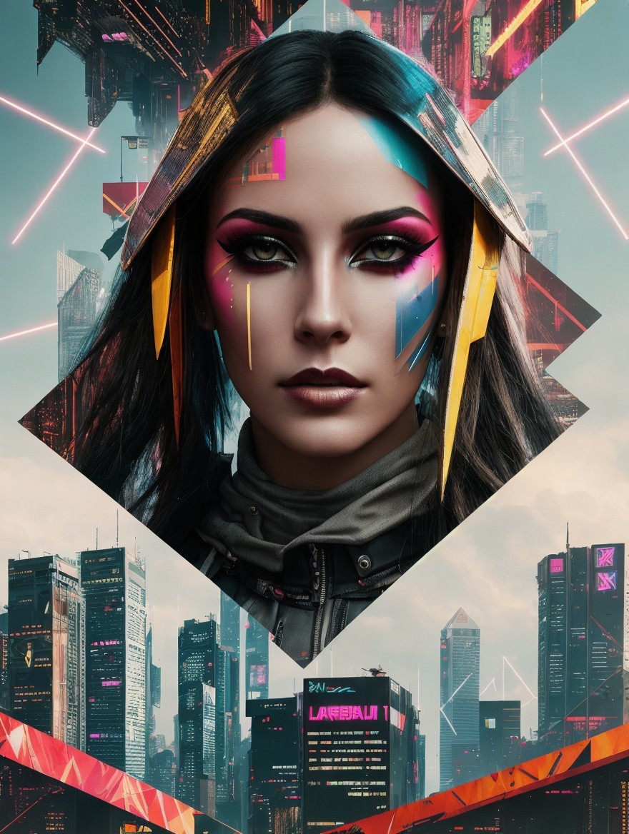 Futuristic Female Figure in Colorful Urban Fantasy Scene