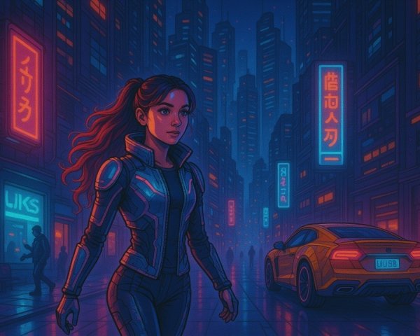 Futuristic Cityscape with Neon Signs and Rainy Streets