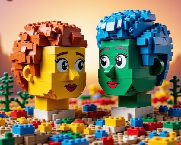 Colorful LEGO Characters Against Sunset Background
