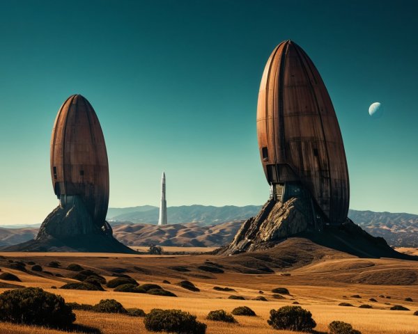 Surreal Landscape with Egg-Shaped Structures and Rocket