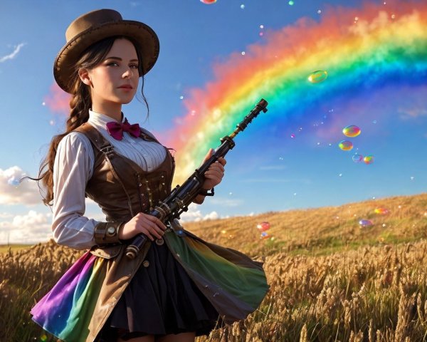 Confident Woman in Steampunk Outfit in Golden Field