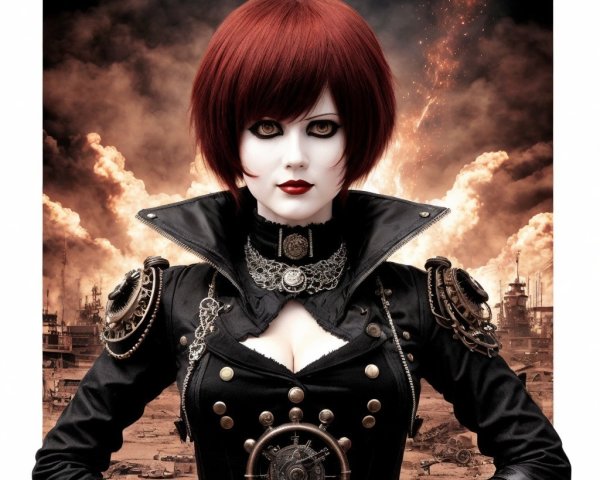 Steampunk Character with Red Hair in Post-Apocalyptic Scene